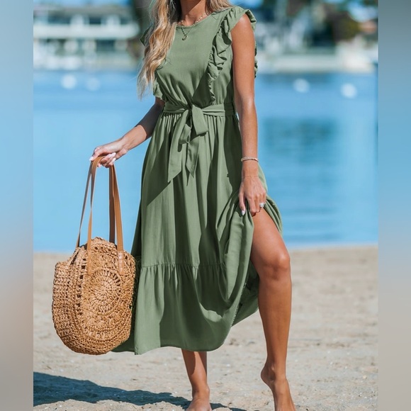 Cupshe Sage Ruffle Sleeve Keyhole Midi Dress - Picture 1 of 6